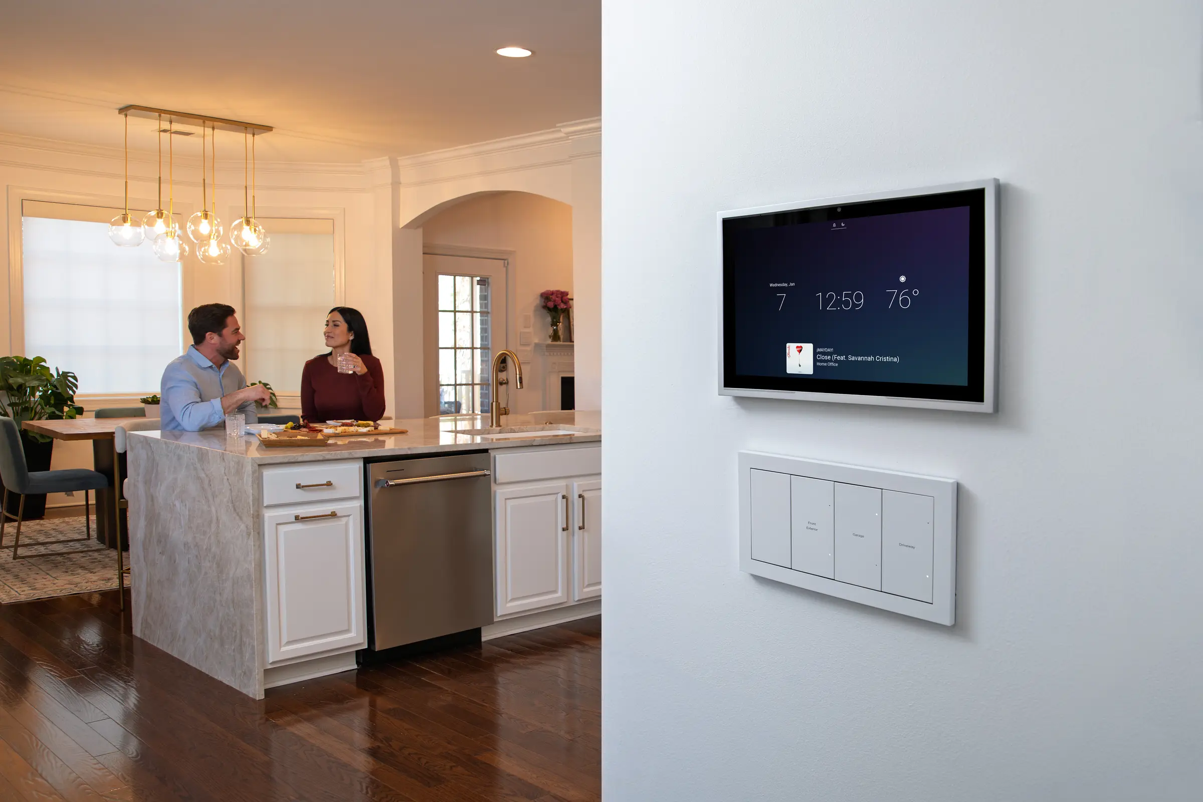 Control4 touchscreen controller on a marble kitchen bench